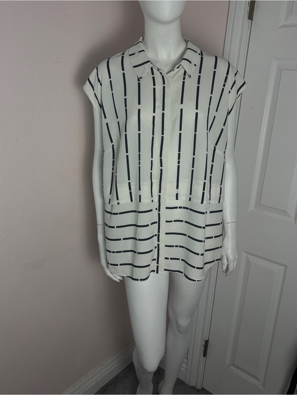 Alfani Striped White & Black Cap-Sleeve Button Front Top